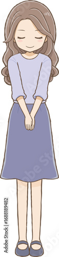 Long wavy-haired woman bowing (full body)