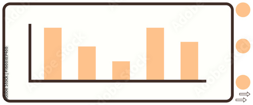 Horizontal bar chart with varying heights representing data. Sidebar includes three navigation dots and arrow icons. Ideal for analytics, data comparison, stats, progress, research, reports, simple