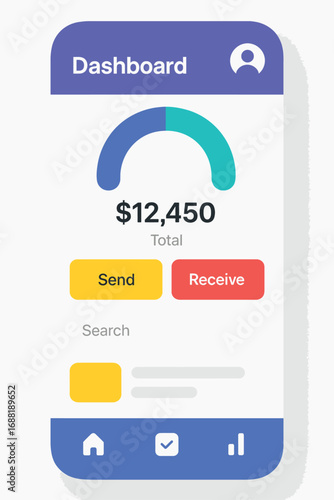 Mobile Banking Dashboard: A close-up shot of a mobile app dashboard, designed for intuitive personal finance management, showcasing a clean and minimalist interface. 