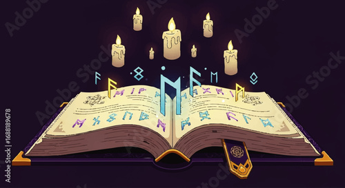 Ancient Spellbook with Magical Symbols and Floating Candles.