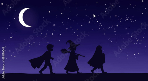 Children in Halloween costumes walking at night under a starry sky.