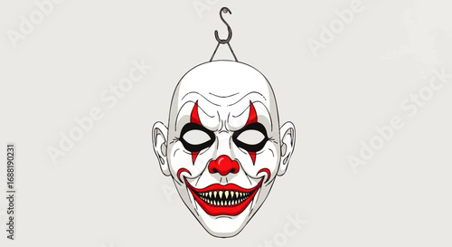 Creepy Clown Mask Hanging with Hook and Sharp Teeth.
