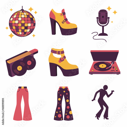 Vibrant collection of retro 70s disco elements including fashion, music equipment, and dancing silhouette.