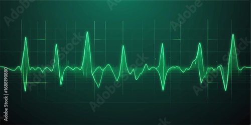Medical electrocardiogram (ECG) monitor showing a green line of a healthy heartbeat pulse wave