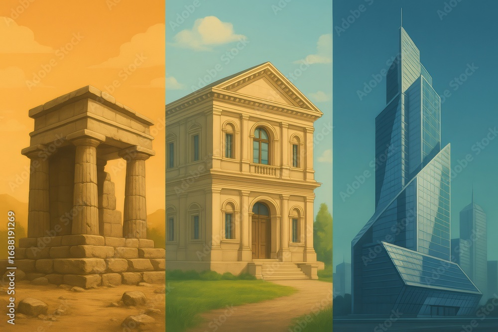 Obraz premium Architectural evolution depicting ancient ruins, classical building, and modern skyscraper