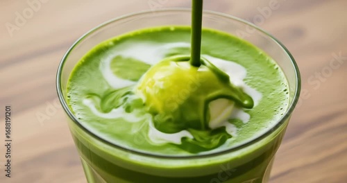 Creamy green dessert drink with ice cream swirl
