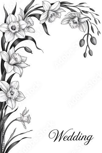 Elegant floral corner design for wedding invitations and cards with daffodils and buds in grayscale