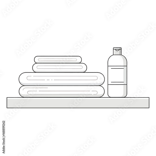 Monochrome Linear Illustration of Folded White Towels Stacked Neatly Beside a Bottle of Detergent on a White Shelf Minimalist Aesthetic