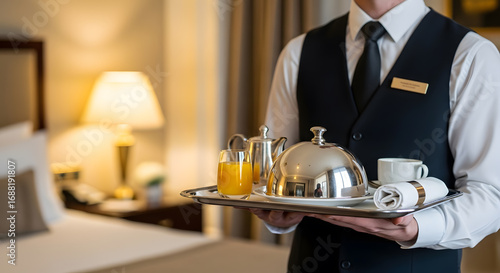 A professional waiter delivering exclusive room service, presenting a gourmet breakfast on a silver tray in a luxurious five-star hotel bedroom suite