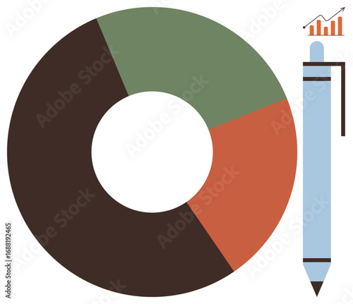 Circular segmented pie chart beside sleek pen and bar graph. Ideal for statistics, business, progress tracking, marketing, financial research, education, report preparation. Simple flat metaphor