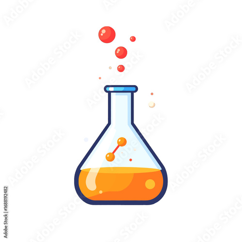Pixelated Glass Flask with Orange Liquid and Bubbles on White Background