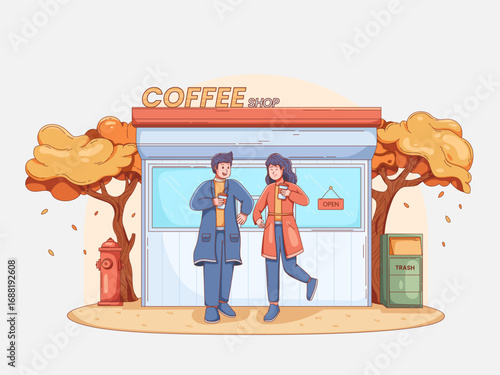 Cartoon illustration of a couple standing outside a cozy coffee shop, holding takeaway cups and chatting happily in Autumn scene with warm atmosphere.