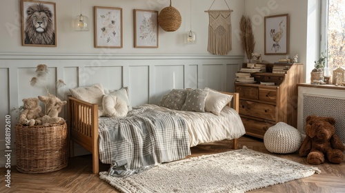 Stylish composition of cozy scandinavian child's room interior with bed, rattan basket, plush and wooden toys and textile hanging decorations. Creative wall, carpet on the floor.