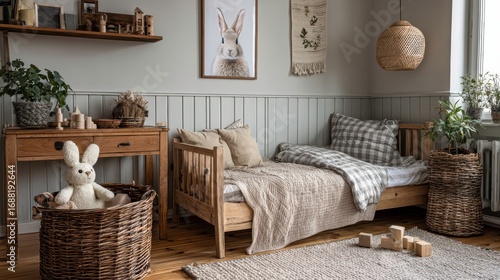 Stylish composition of cozy scandinavian child's room interior with bed, rattan basket, plush and wooden toys and textile hanging decorations. Creative wall, carpet on the floor.