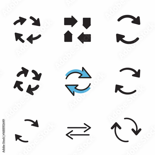 Set of diverse arrow icons: refresh, reload, repeat, synchronize, direction, and exchange symbols for modern UI/UX design.
