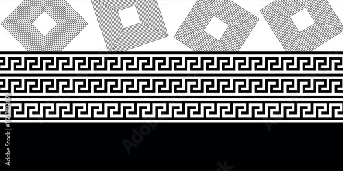Abstract Black And White Geometric Pattern With Diamond Shapes And Greek Key Borders, Perfect For Backgrounds, Digital Art, Wallpapers, And Decorative Graphic Concepts.