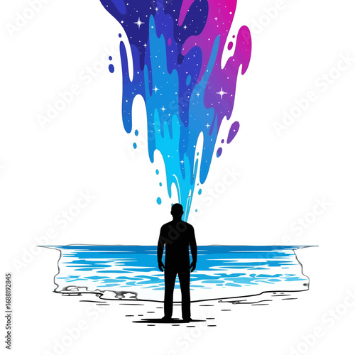 Abstract Silhouette of a Man with Celestial Stream Above Water Pixel Art in White Background