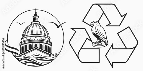 Government Building Dome with Bird Symbol and Recycling Arrows Promoting Environmental Sustainability Efforts