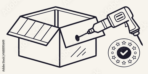 Handyman drilling a hole in a cardboard box with a power drill and a quality seal