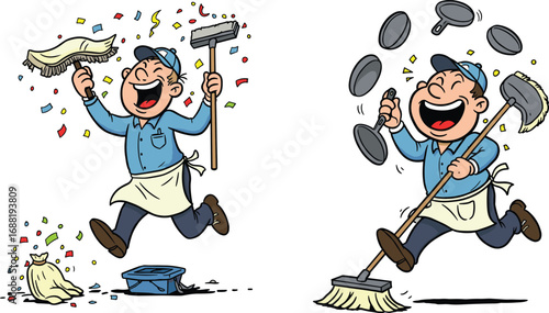 Funny cartoon janitor, happy cleaner, cleaning celebration, broom, mop, juggling pans, apron, animated character, hygiene worker, CAD drawing illustration