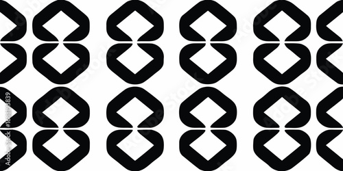 Seamless black and white geometric pattern with interlocking diamond shapes and rounded corners