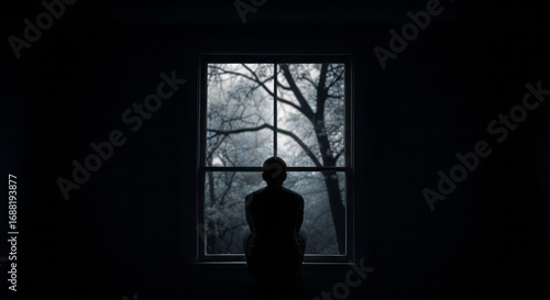 An elderly man sits near the window of an old house all alone.