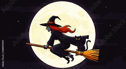 Halloween Witch Flying Broomstick Full Moon Night Sky.