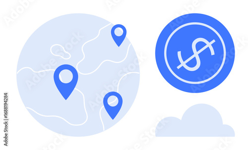 Globe with geolocation markers, dollar currency symbol inside a circle, and cloud below representing financial systems, global trade, online transactions. Ideal for banking, e-commerce, logistics