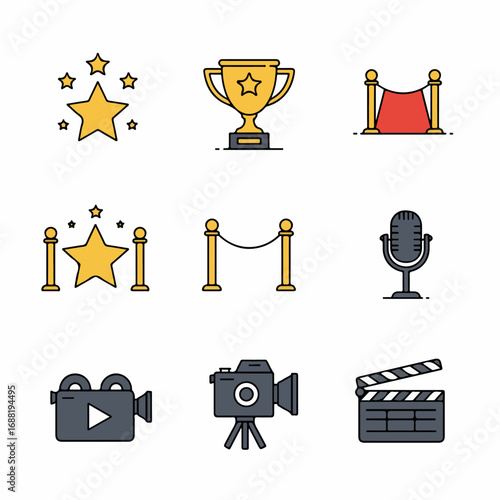 Colorful flat icon set representing cinema, awards, and entertainment, featuring stars, trophies, red carpets, microphones, and cameras on a white background.