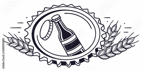 Craft Beer Bottle Cap Emblem Featuring Wheat Stalks and a Bottle Inside