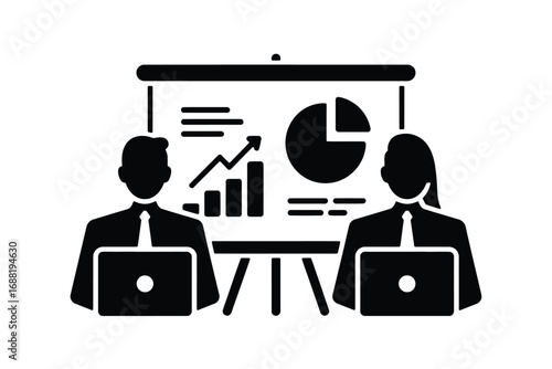 Silhouette of business professionals presenting data charts and graphs on a whiteboard