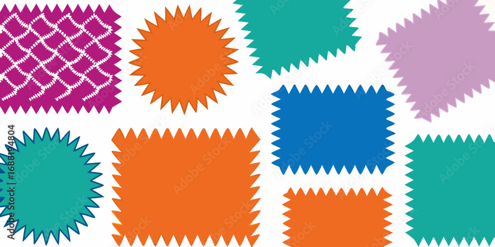 Fototapeta premium Colorful abstract shapes with jagged edges and a patterned square on a white background