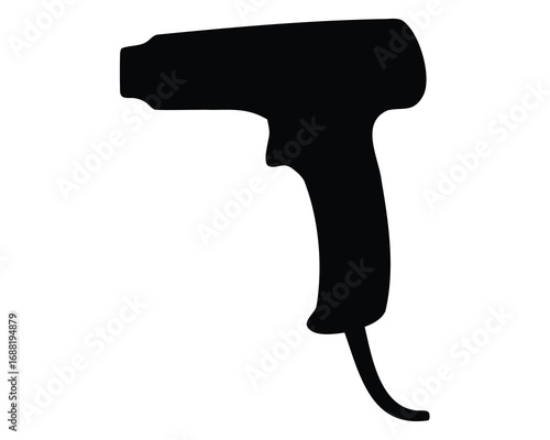 Solid black silhouette of a hand held hair dryer on white backdrop