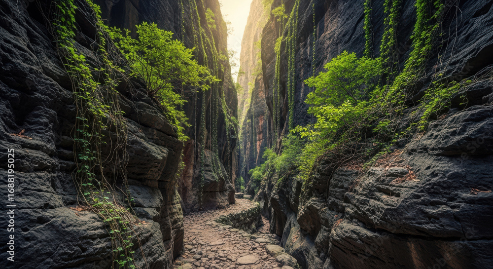 Obraz premium Dramatic Rocky Canyon with Green Vines and Natural Light