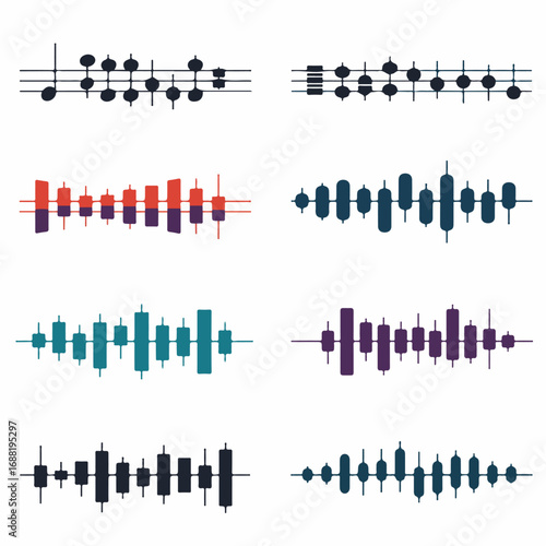 Abstract vector illustration merging musical notes with colorful sound wave visualizations, resembling audio equalizers or financial candlestick charts.