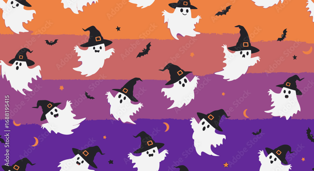 Fototapeta Whimsical Halloween-themed pattern featuring friendly ghosts wearing witch hats, and bats.