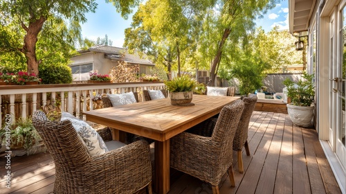 New wooden deck with patio furniture in backyard.