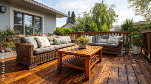 New wooden deck with patio furniture in backyard.