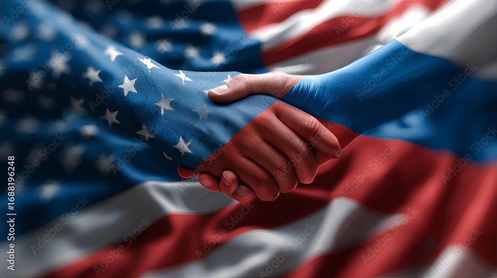 Naklejka premium US And Russia Meeting as diplomatic flag symbols for negotiations concept to negotiate a ceasefire or peace agreement or cease fire to mediate mediation and arbitration betweem Moscow and Kyiv. Stock 