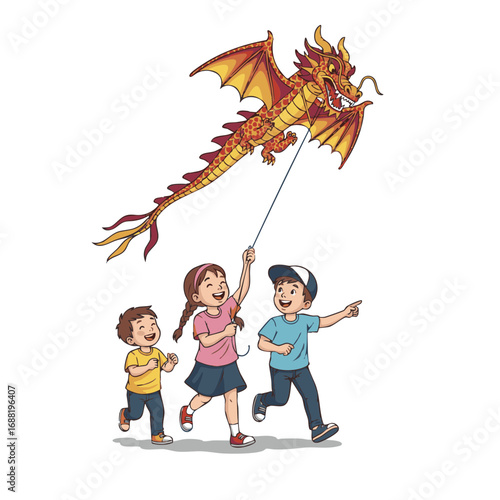 A group of happy children run together with excitement, flying a large, colorful dragon kite and enjoying a fun outdoor activity