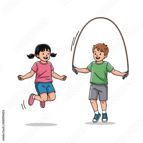 Cute cartoon illustration of two happy children, a boy and girl, playing and jumping rope together, symbolizing childhood friendship and active fun
