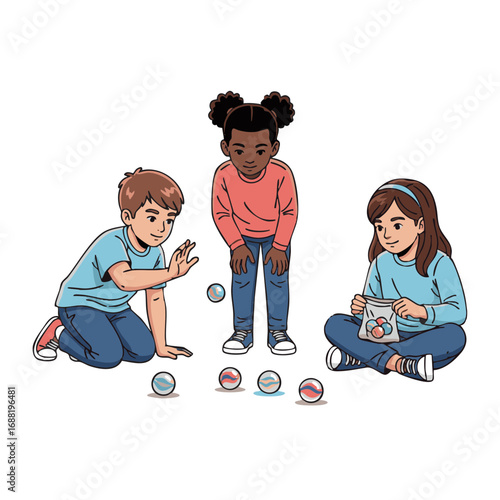 Illustration of diverse young children playing a classic game of marbles together, showcasing friendship and nostalgic fun
