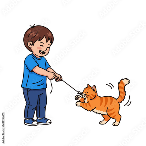 A joyful young boy having fun with his playful orange kitten, pulling a string. Adorable childhood pet interaction illustration