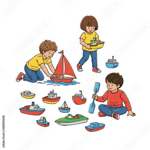 Illustration of diverse young children enjoying imaginative playtime with a colorful collection of toy boats