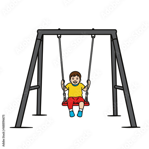 Happy Child Swinging on a Playground Swing Set