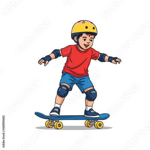 Happy cartoon boy wearing a helmet and protective pads learns to ride a skateboard, enjoying a fun and safe outdoor sport activity