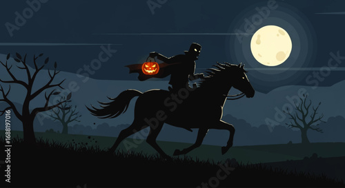 Silhouette of headless horseman with jack o lantern riding horse at night.