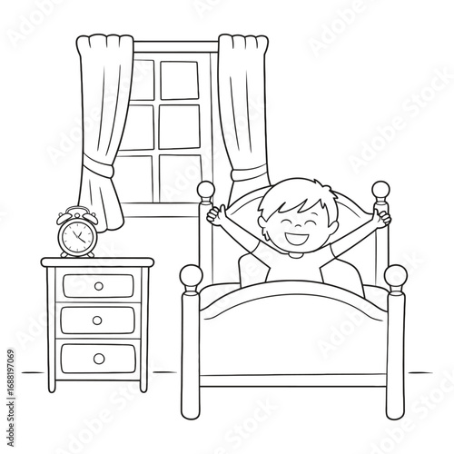 Boy wakes up happy and refreshed in bed, stretching his arms in morning sunlight, feeling energetic