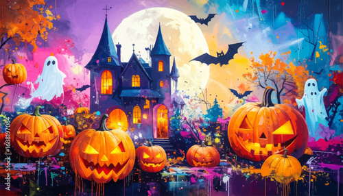 Spooky Halloween night with pumpkins. Haunted house under full moon glow. Halloween pumpkins and spooky vibes. Bats, ghosts, and pumpkins for Halloween. Nighttime Halloween scene with bats