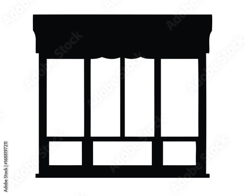 Silhouette of a window or storefront with an awning and multiple panes